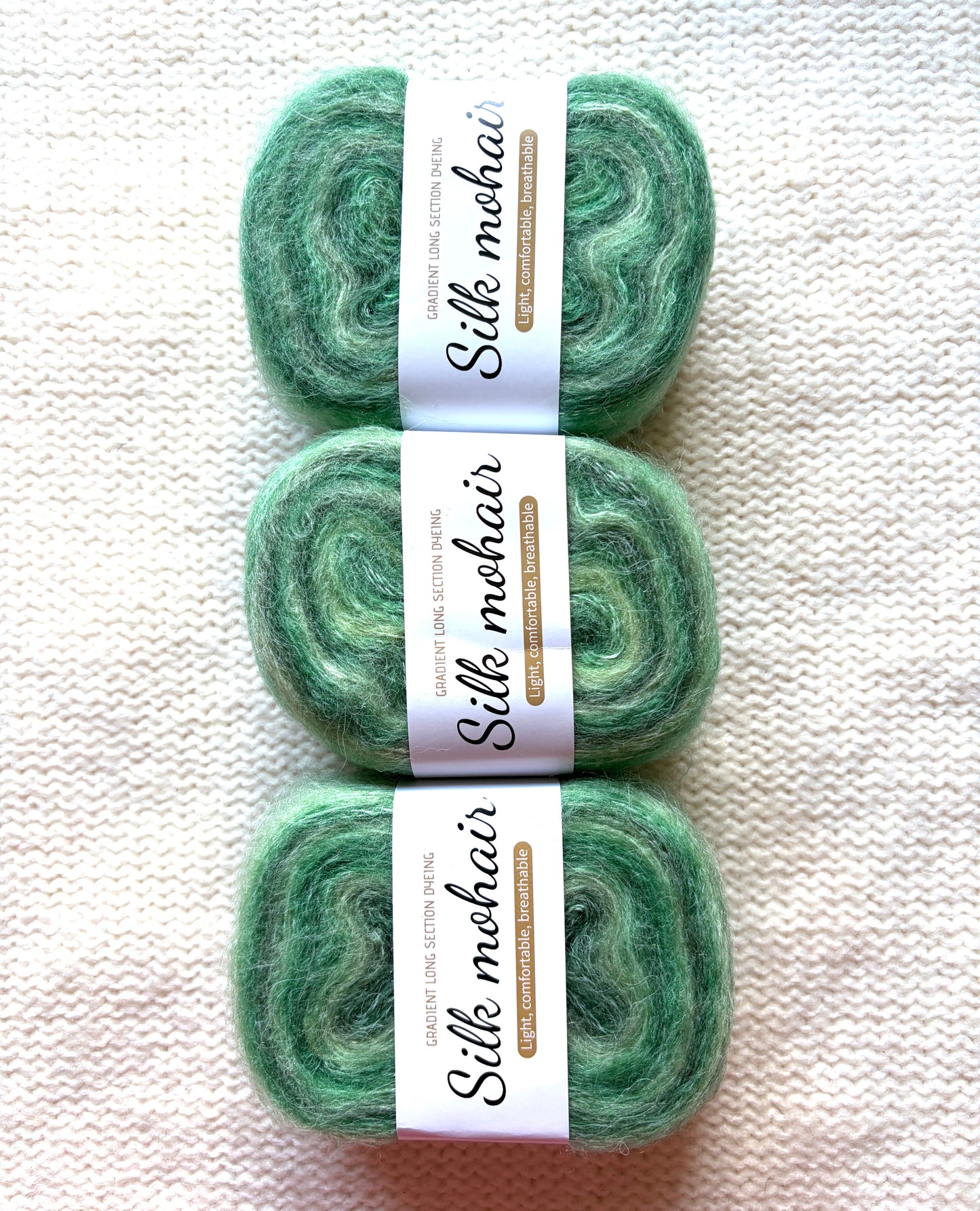 3 cakes x 50g Gradient Mohair Silk Yarn : Mohair + Silk+ Polyester : 05 Green