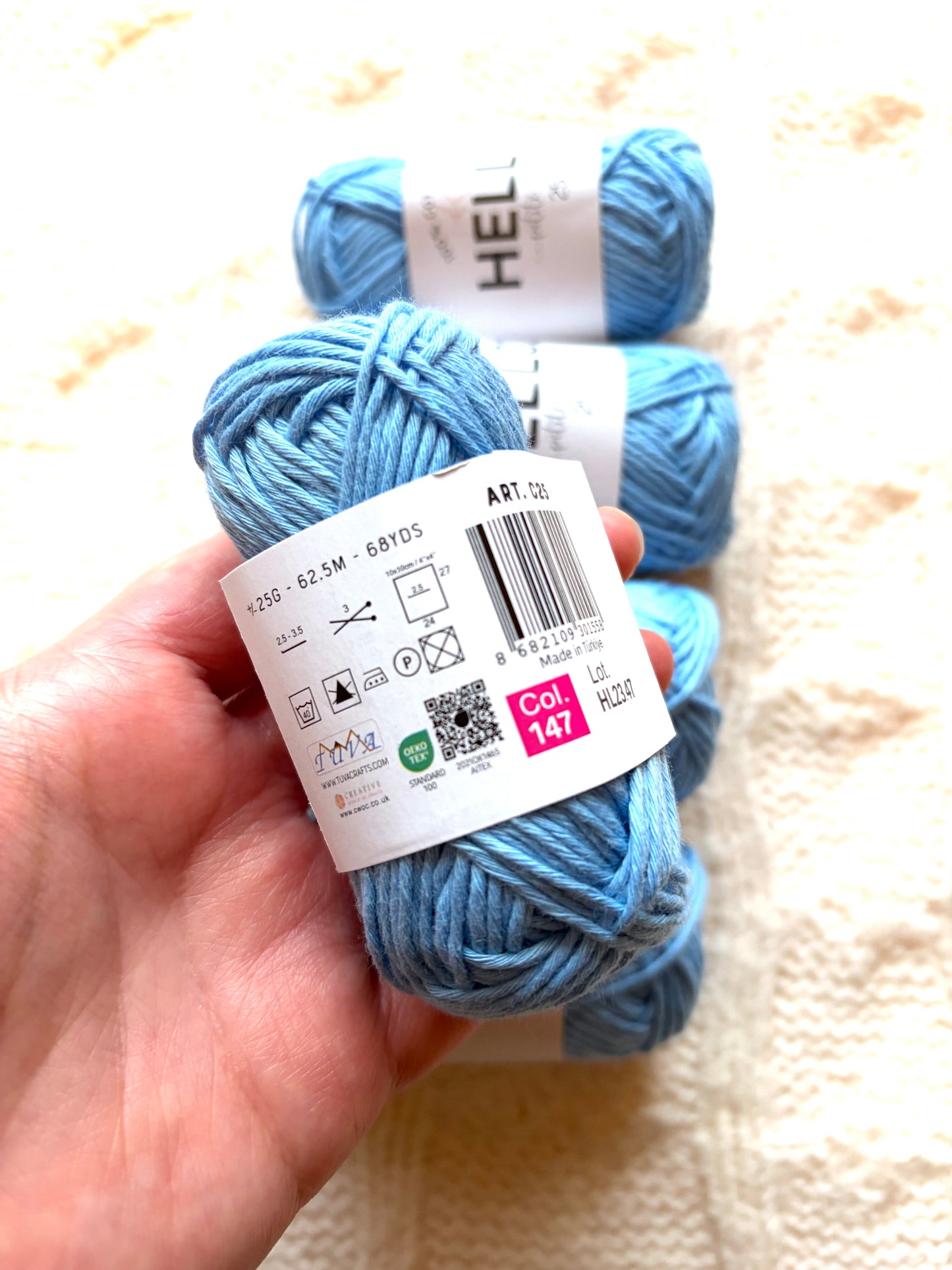 5 balls x 25g Hello Cotton Yarn 100% Cotton - 147 Bonnie Blue
