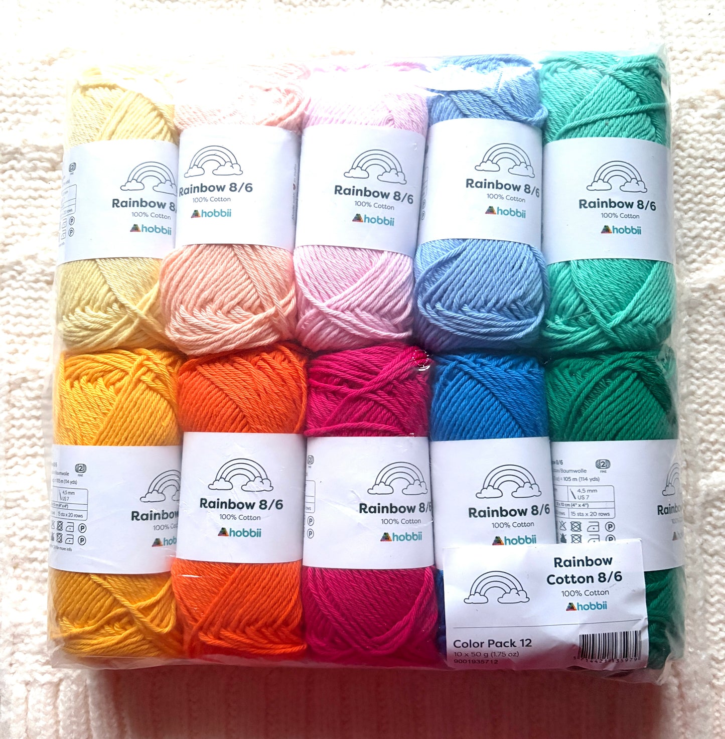 10 balls x 50g Hobbii : Rainbow Cotton Yarn 8/6 Color Pack 12 : 100% Cotton