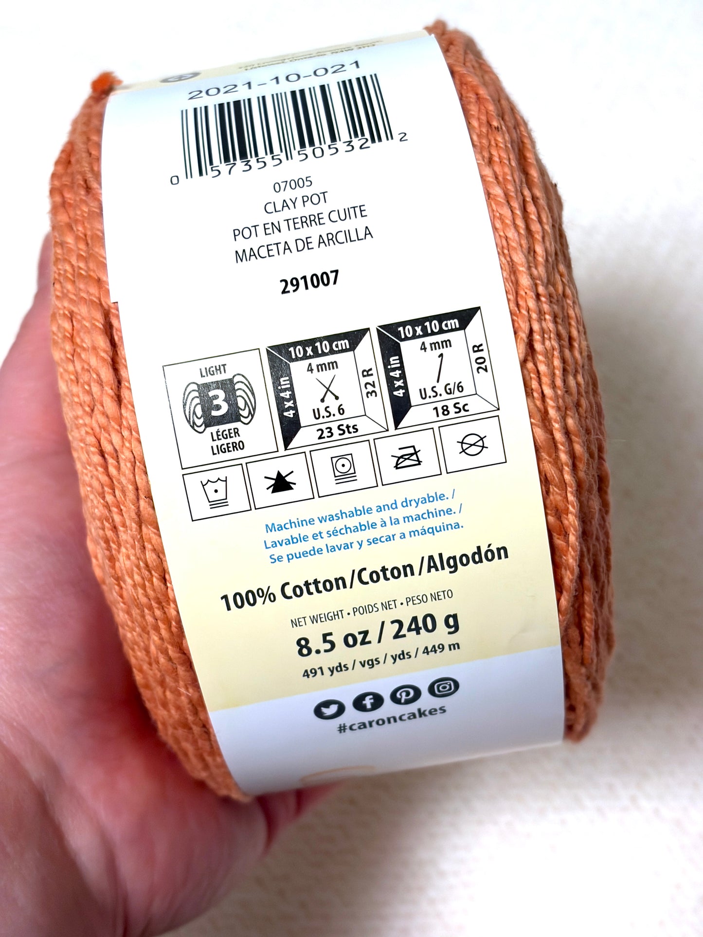 240g CARON Cotton Ripple Cakes Yarn : Colour Clay Pot 100% Cotton - 1 cake