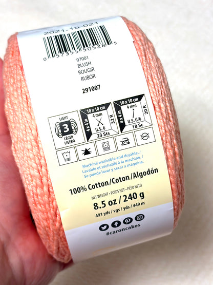 240g CARON Cotton Ripple Cakes Yarn : Colour Blush 100% Cotton - 1 cake