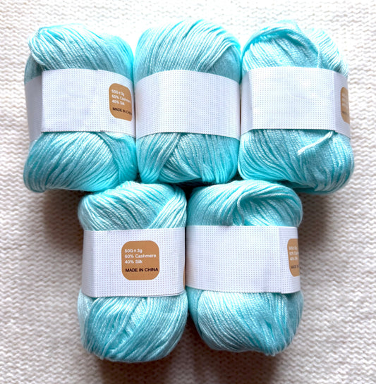 5 balls x 50g Cashmere Silk yarn : 60% Cashmere + 40% Silk : 07 Ice Blue