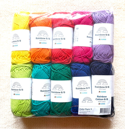 10 balls x 50g Hobbii : Rainbow Cotton Yarn 8/8 Color Pack 11 : 100% Cotton