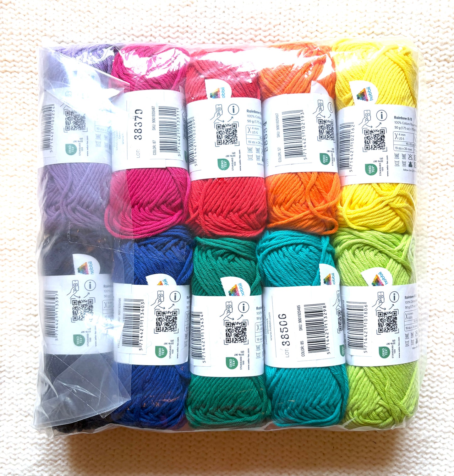 10 balls x 50g Hobbii : Rainbow Cotton Yarn 8/8 Color Pack 11 : 100% Cotton