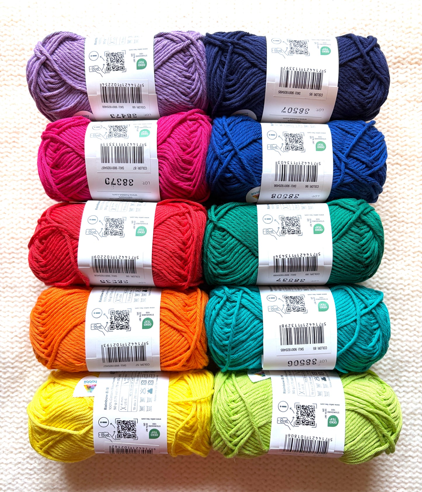 10 balls x 50g Hobbii : Rainbow Cotton Yarn 8/8 Color Pack 11 : 100% Cotton