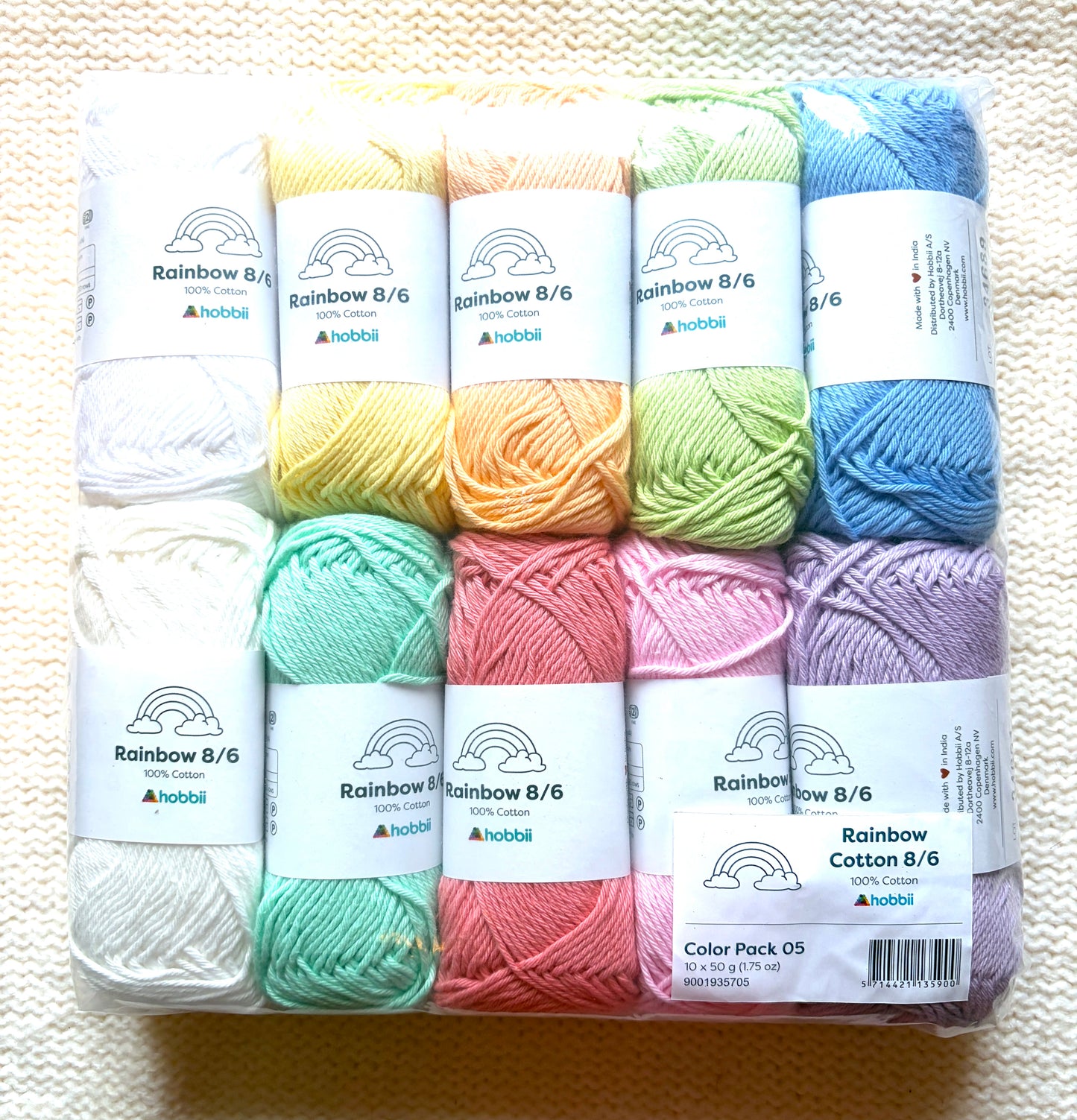 10 balls x 50g Hobbii : Rainbow Cotton Yarn 8/6 Color Pack 05 : 100% Cotton