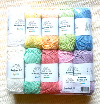 10 balls x 50g Hobbii : Rainbow Cotton Yarn 8/6 Color Pack 05 : 100% Cotton
