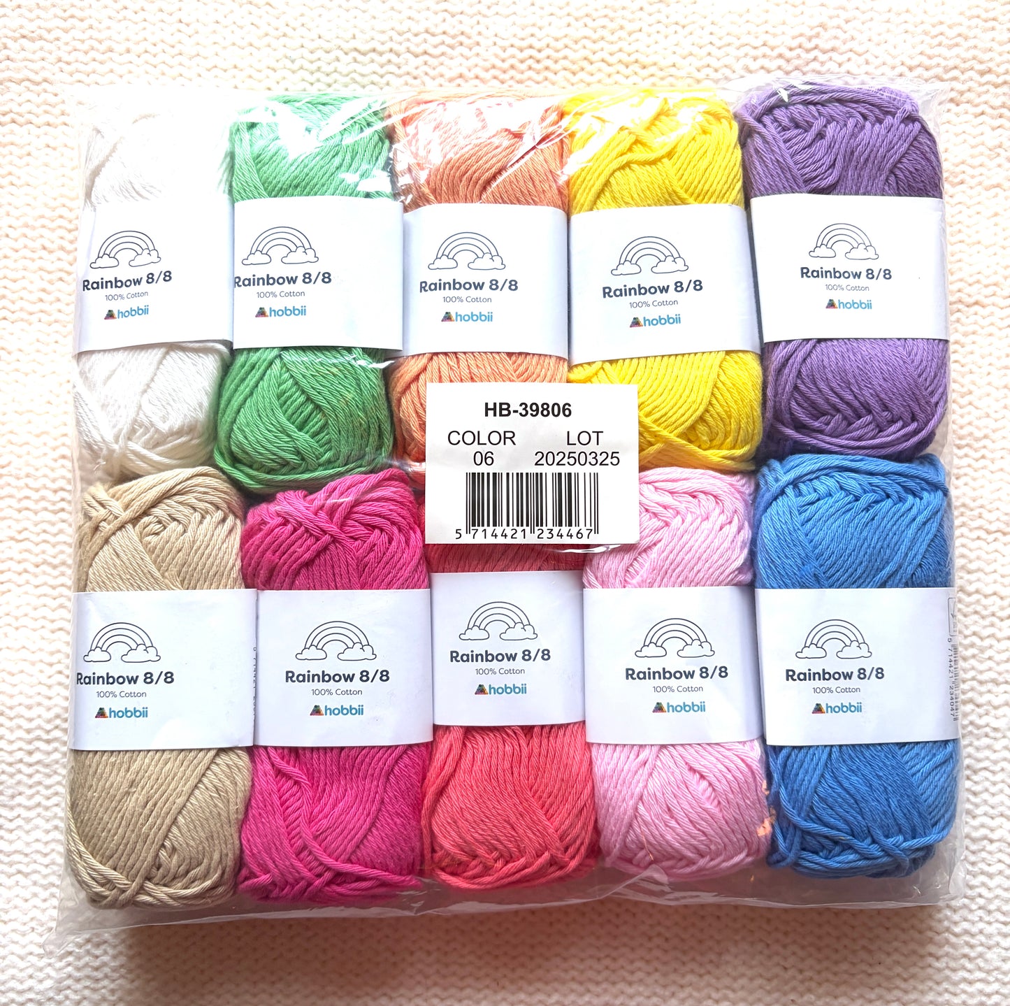 10 balls x 50g Hobbii : Rainbow Cotton Yarn 8/8 Color Pack 06 : 100% Cotton