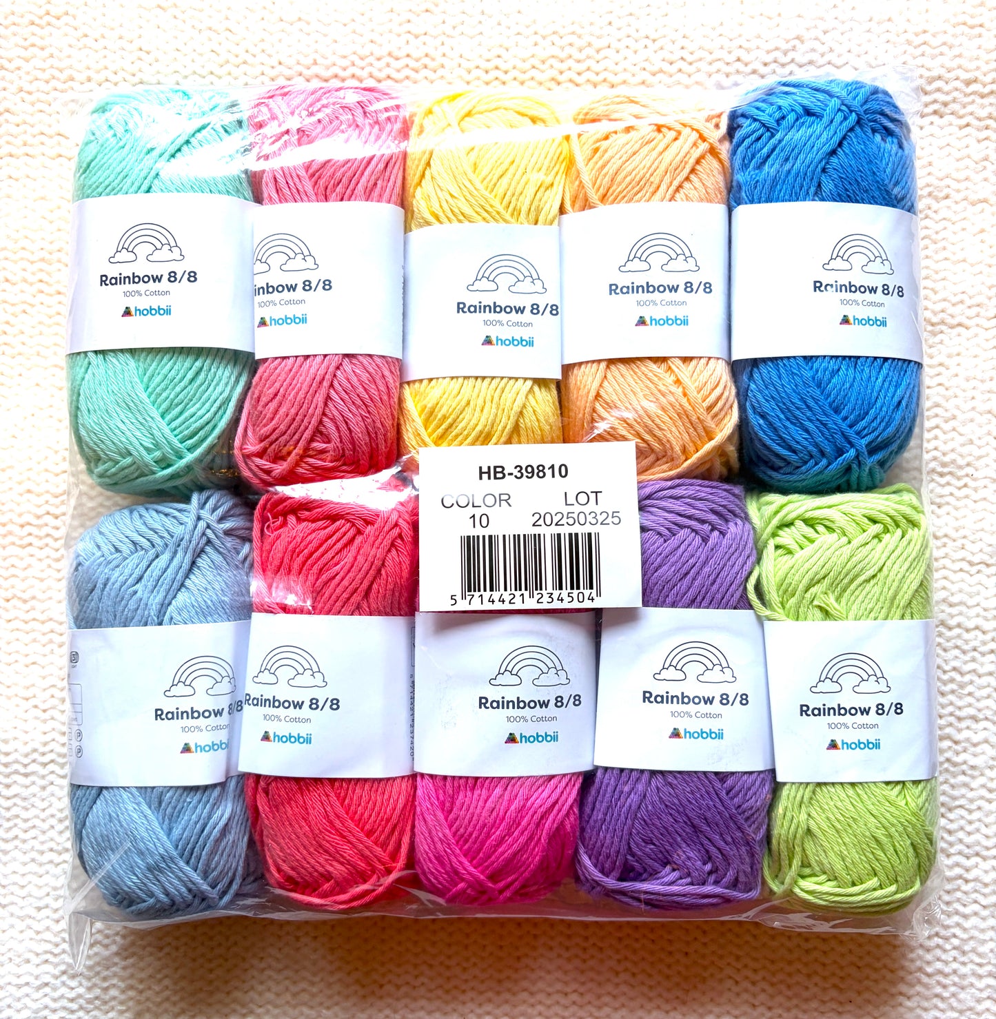10 balls x 50g Hobbii : Rainbow Cotton Yarn 8/8 Color Pack 10 : 100% Cotton