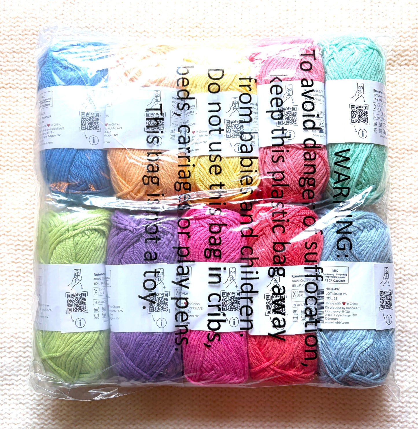 10 balls x 50g Hobbii : Rainbow Cotton Yarn 8/8 Color Pack 10 : 100% Cotton
