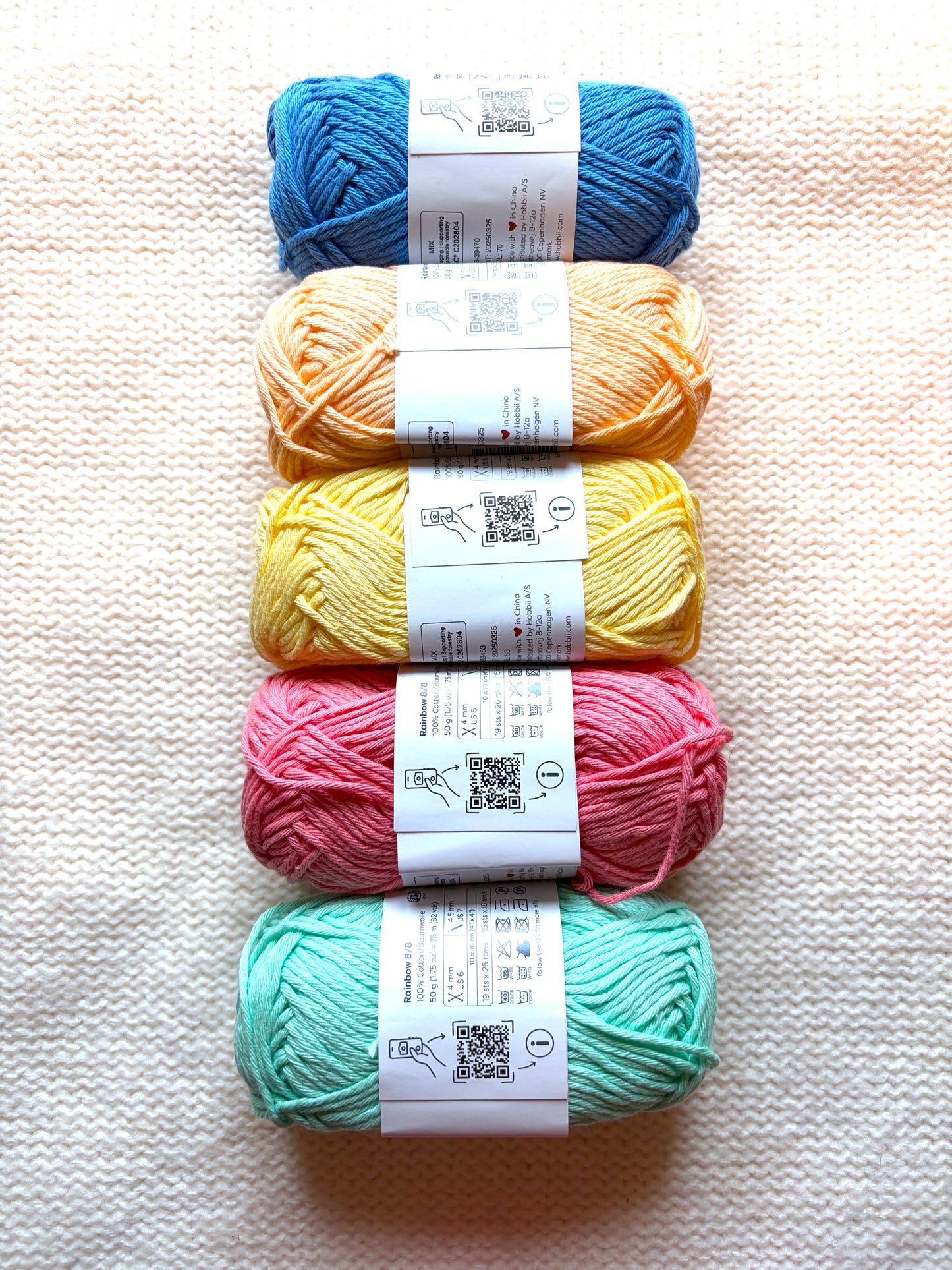 5 balls x 50g Hobbii : Rainbow Cotton Yarn 8/8 Color Pack 10B : 100% Cotton