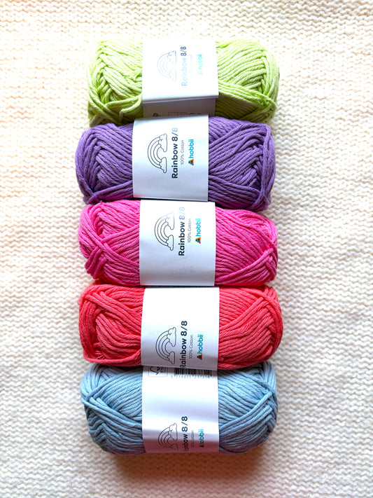 5 balls x 50g Hobbii : Rainbow Cotton Yarn 8/8 Color Pack 10A : 100% Cotton
