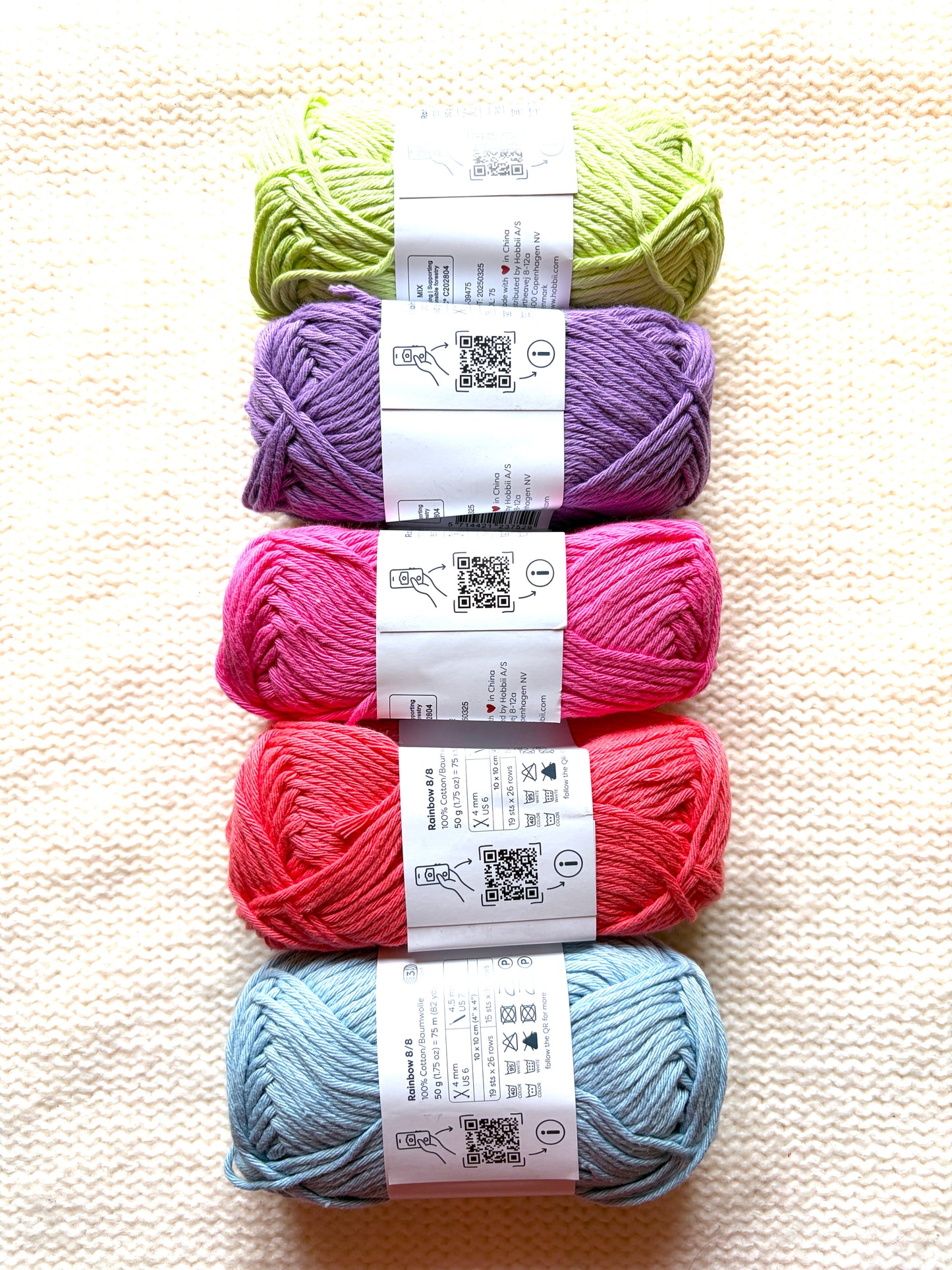 10 balls x 50g Hobbii : Rainbow Cotton Yarn 8/8 Color Pack 10 : 100% Cotton