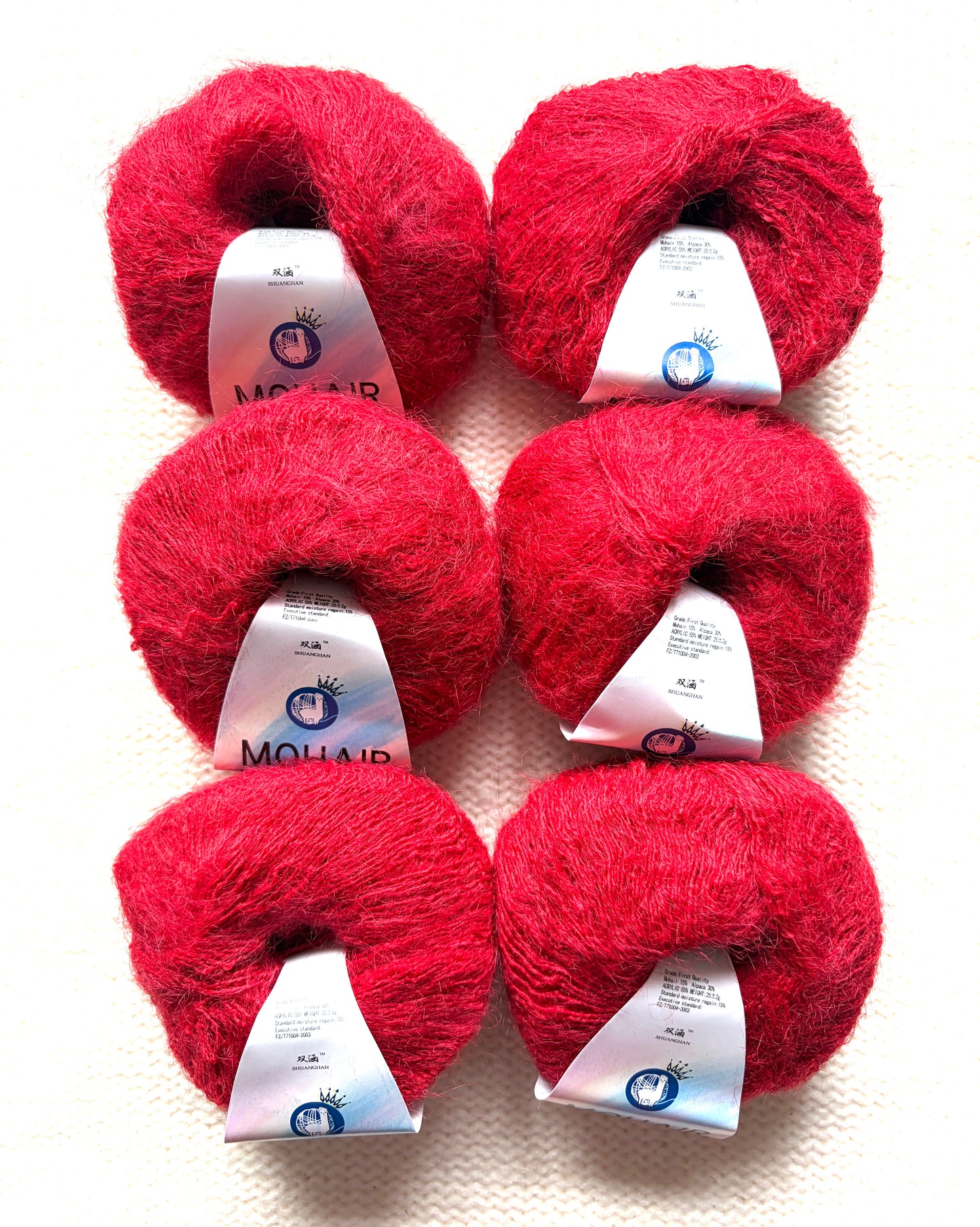 6 balls x 25g Alpaca Mohair yarn : Mohair + Alpaca + Acrylic : Colour 17 Bright Red