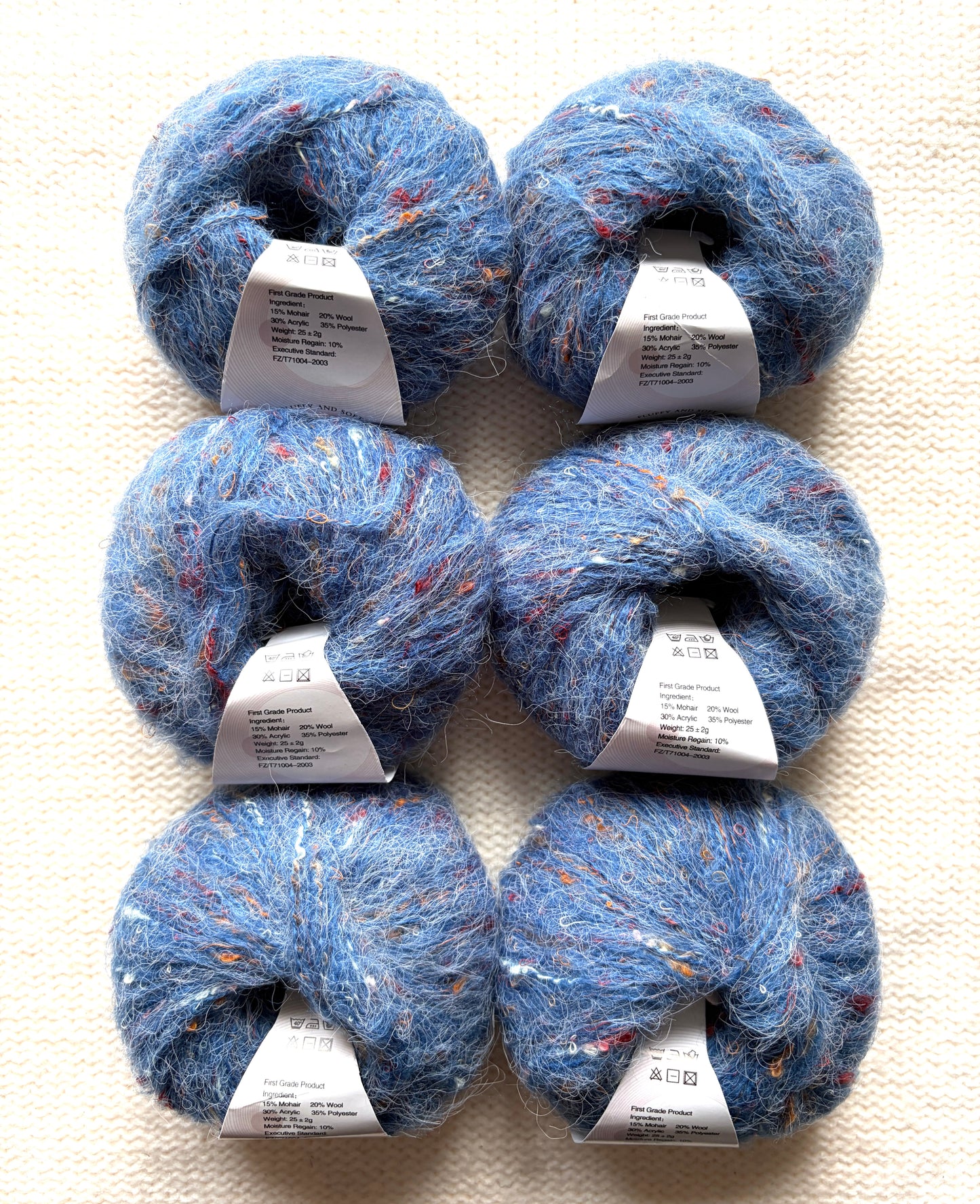 6 balls x 25g Mohair Wool yarn : Mohair + Wool + Acrylic + Polyester : 15 Denim Blue