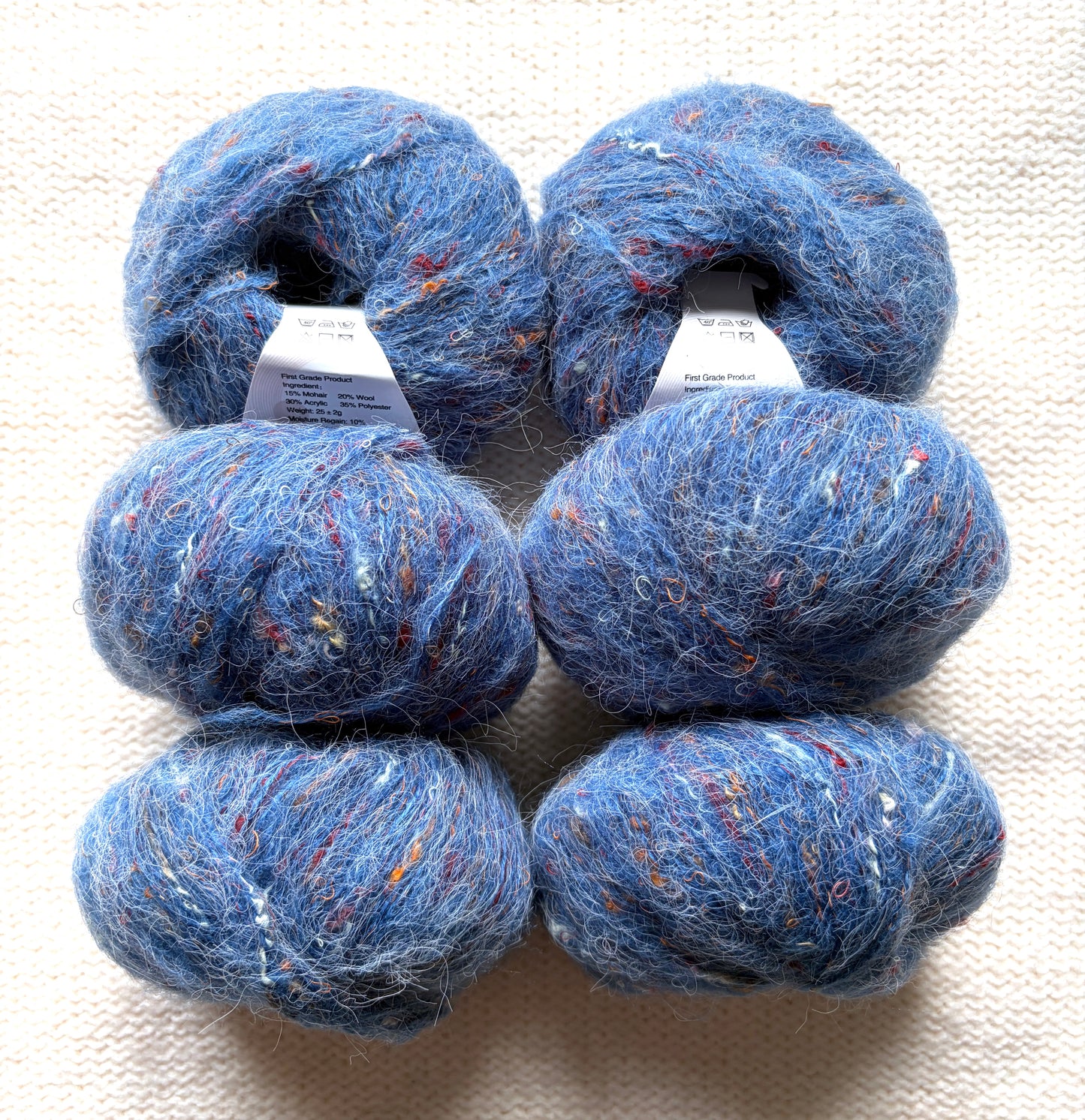 6 balls x 25g Mohair Wool yarn : Mohair + Wool + Acrylic + Polyester : 15 Denim Blue