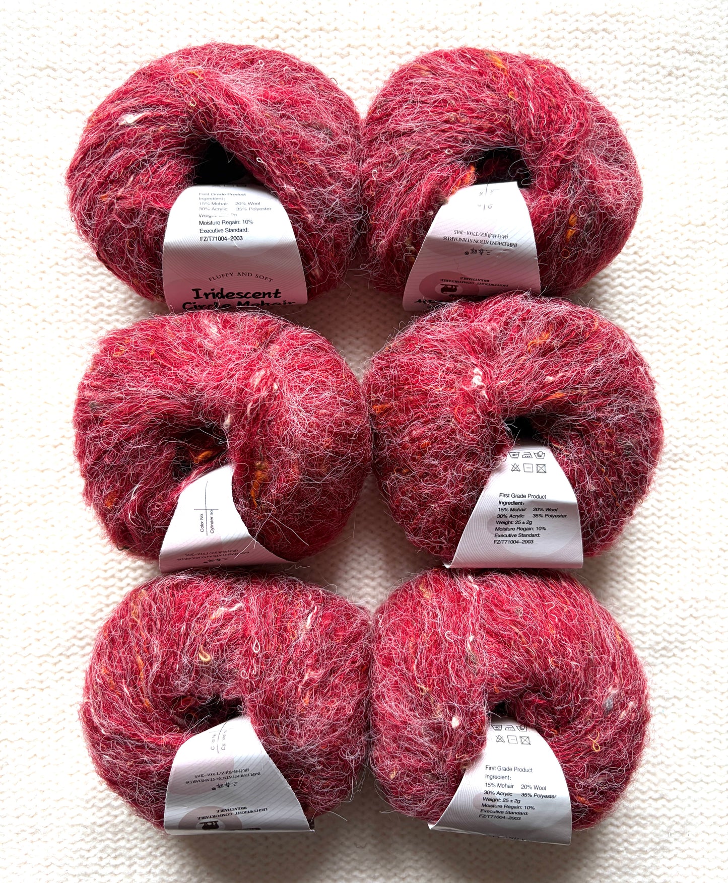 6 balls x 25g Mohair Wool yarn : Mohair + Wool + Acrylic + Polyester : 08 Cherry Red