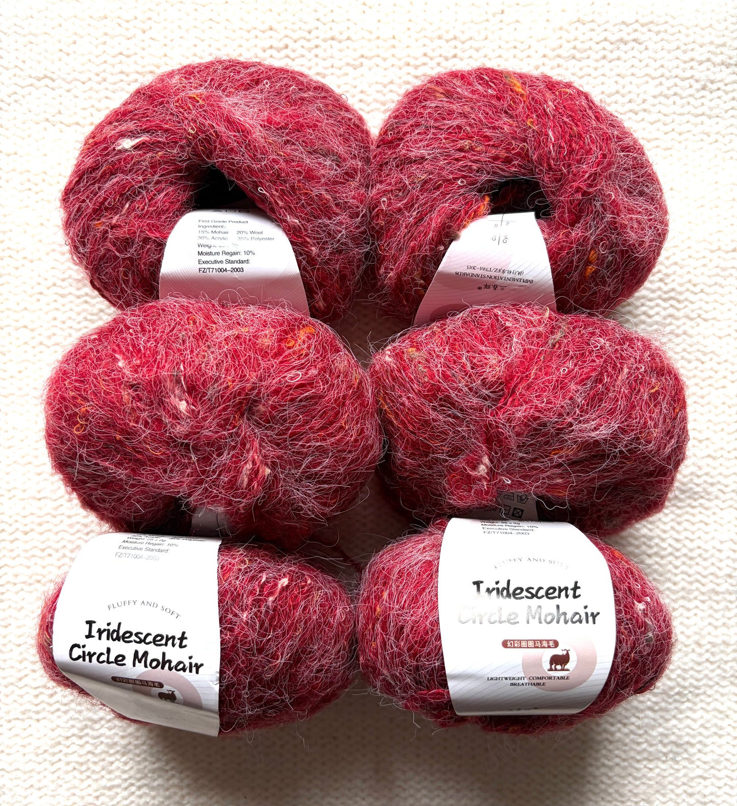 6 balls x 25g Mohair Wool yarn : Mohair + Wool + Acrylic + Polyester : 08 Cherry Red