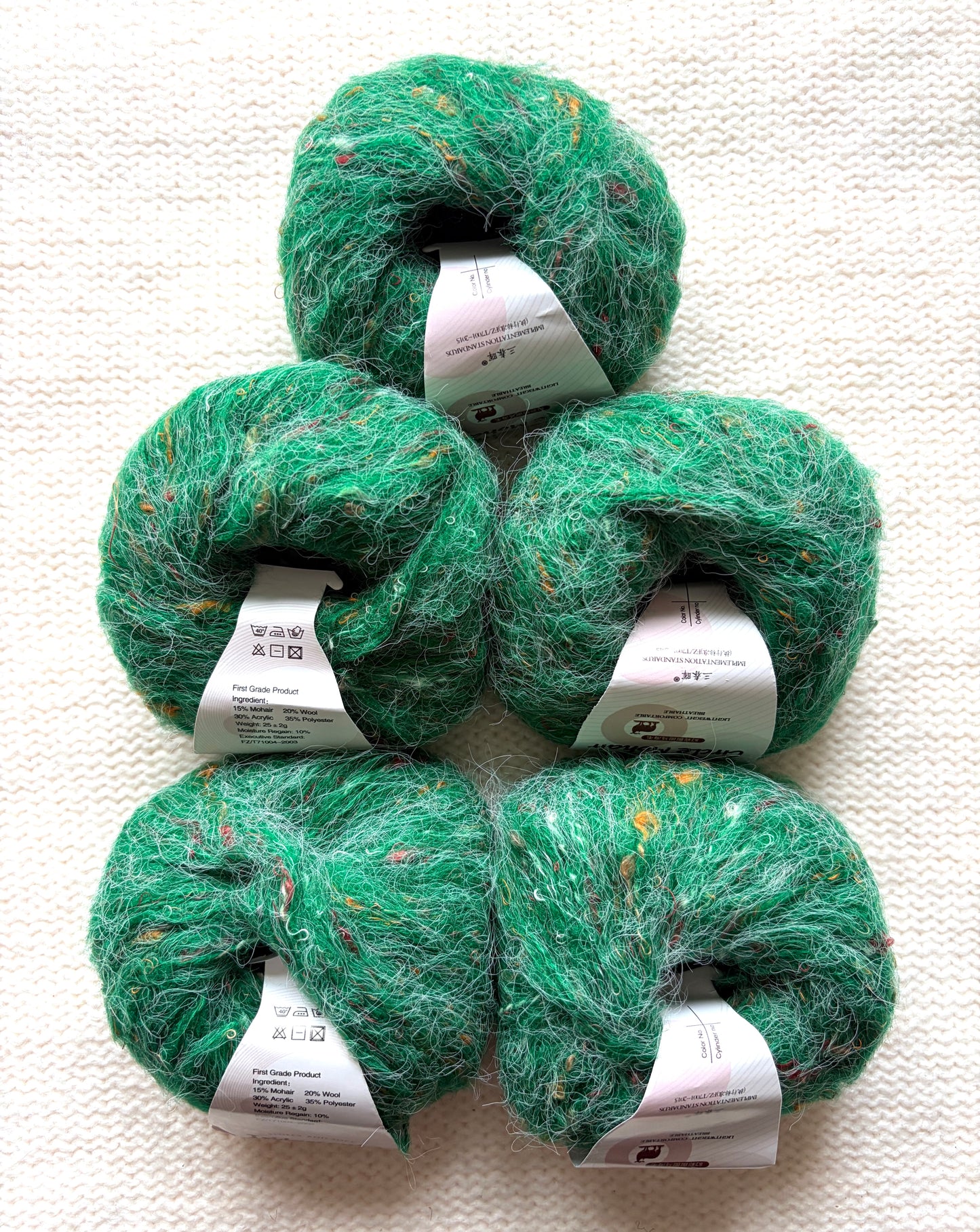 5 balls x 25g Mohair Wool yarn : Mohair + Wool + Acrylic + Polyester : 16 Kelly Green