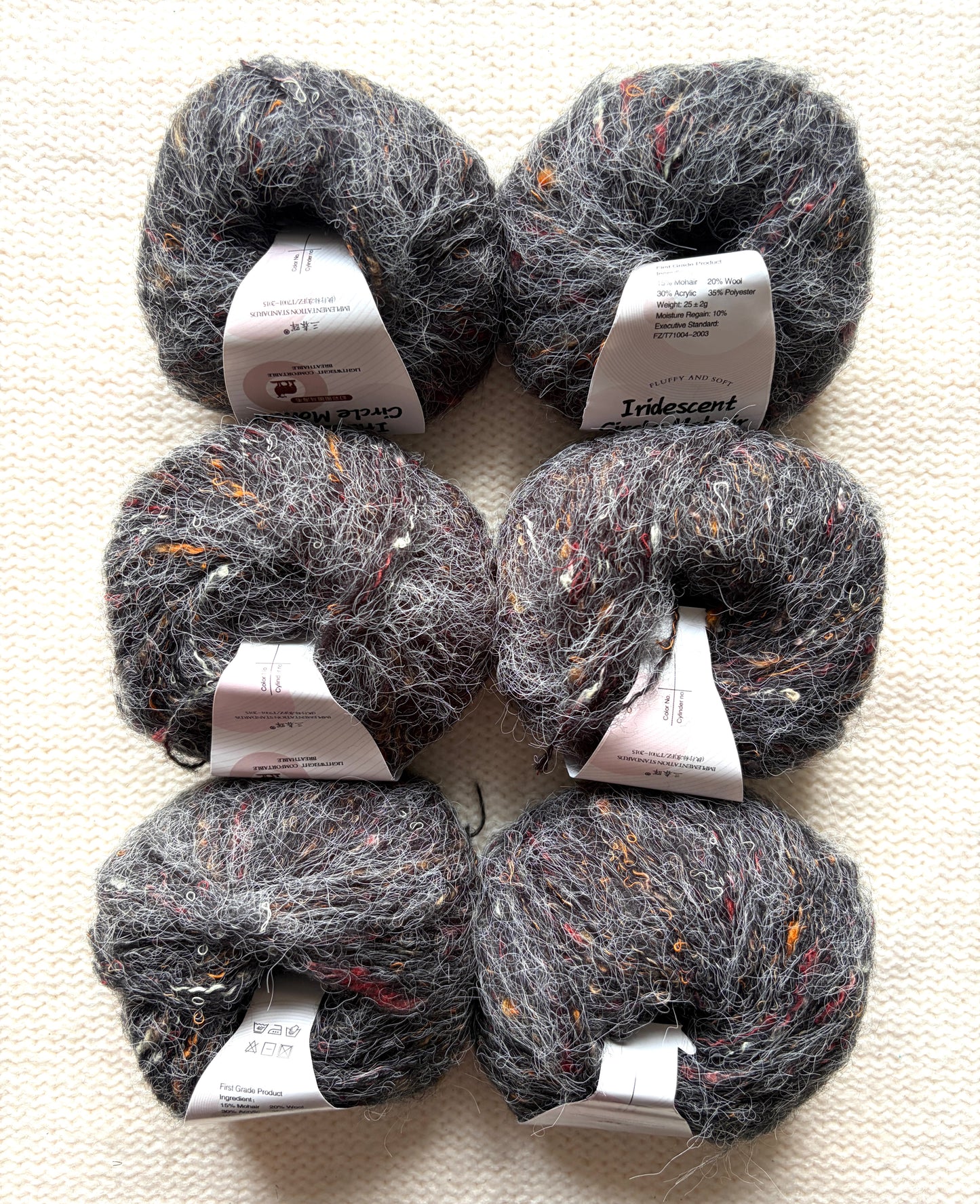 6 balls x 25g Mohair Wool yarn : Mohair + Wool + Acrylic + Polyester : 20 Charcoal
