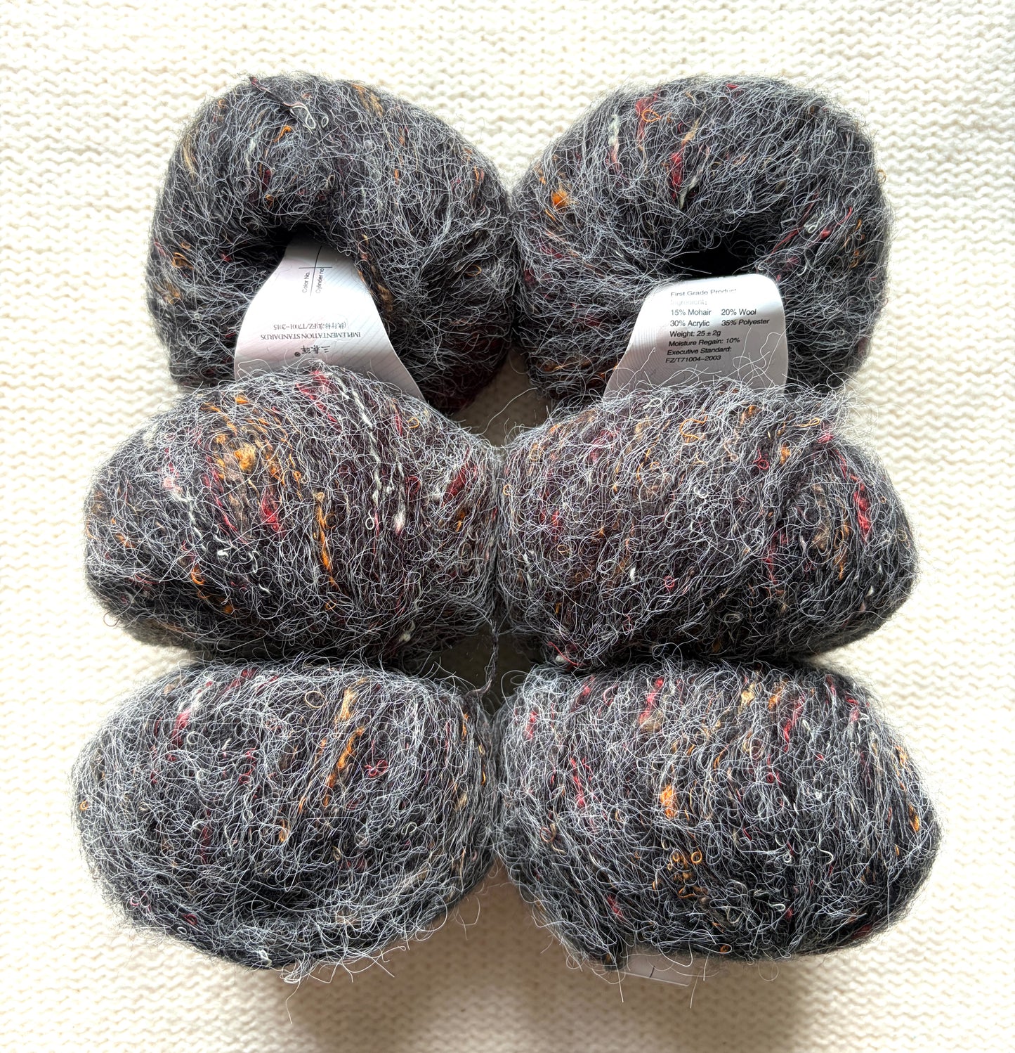 6 balls x 25g Mohair Wool yarn : Mohair + Wool + Acrylic + Polyester : 20 Charcoal