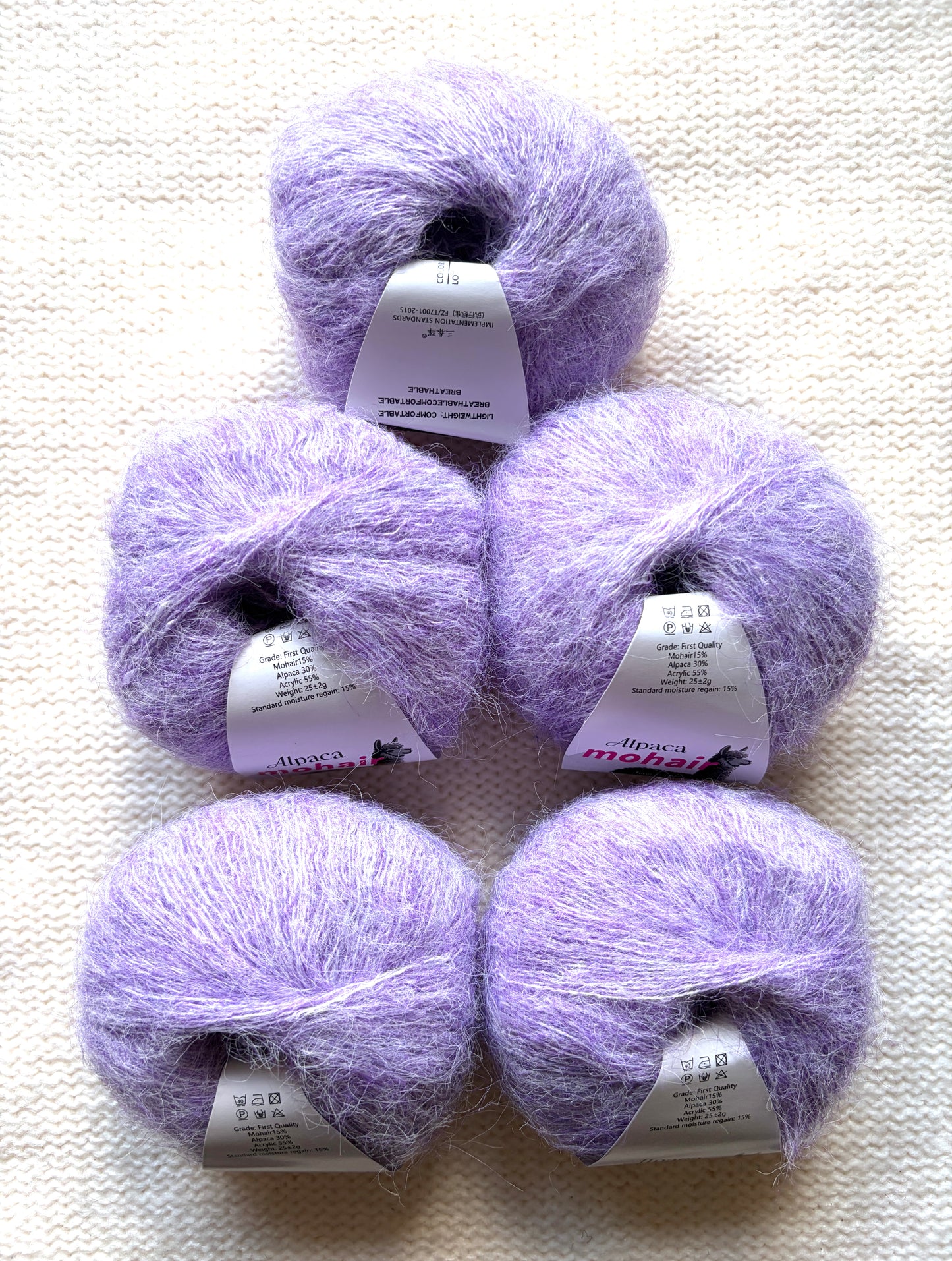 5 balls x 25g Alpaca Mohair yarn : Mohair + Alpaca + Acrylic : 20 Lavender