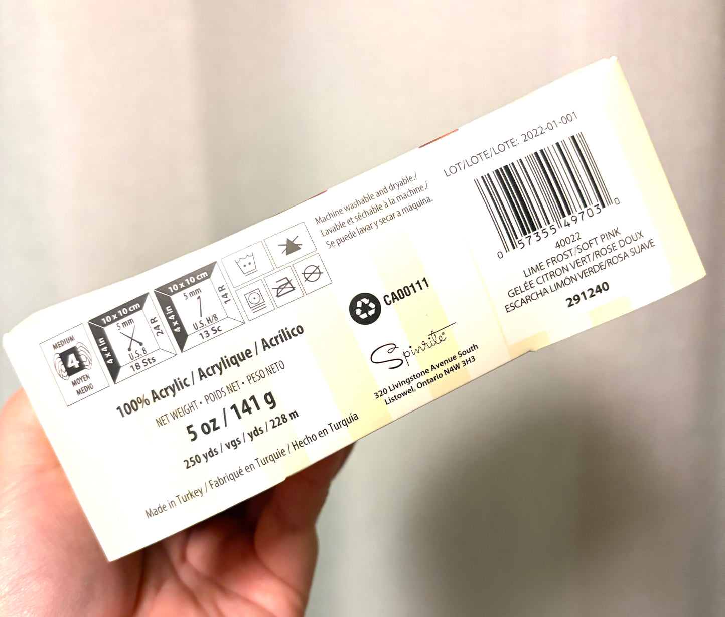 141g CARON Simply Soft O’GO : LIME FROST / SOFT PINK 100% Acrylic