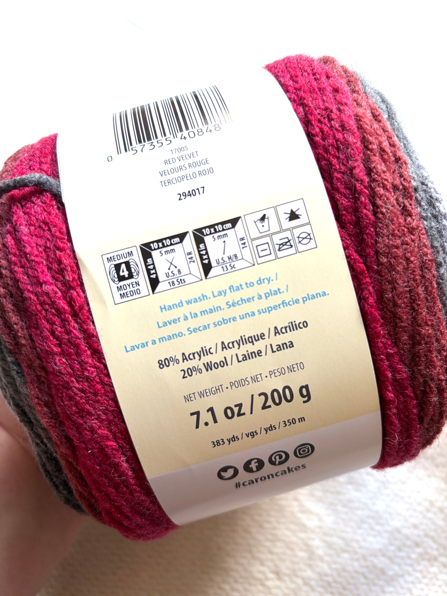 Caron Cakes Self Striping Aran Yarn 200g : Wool Blend : Red Velvet - 1 cake