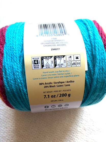 Caron Cakes Self Striping Aran Yarn 200g : Wool Blend : RAINBOW SPRINKLES - 1 cake
