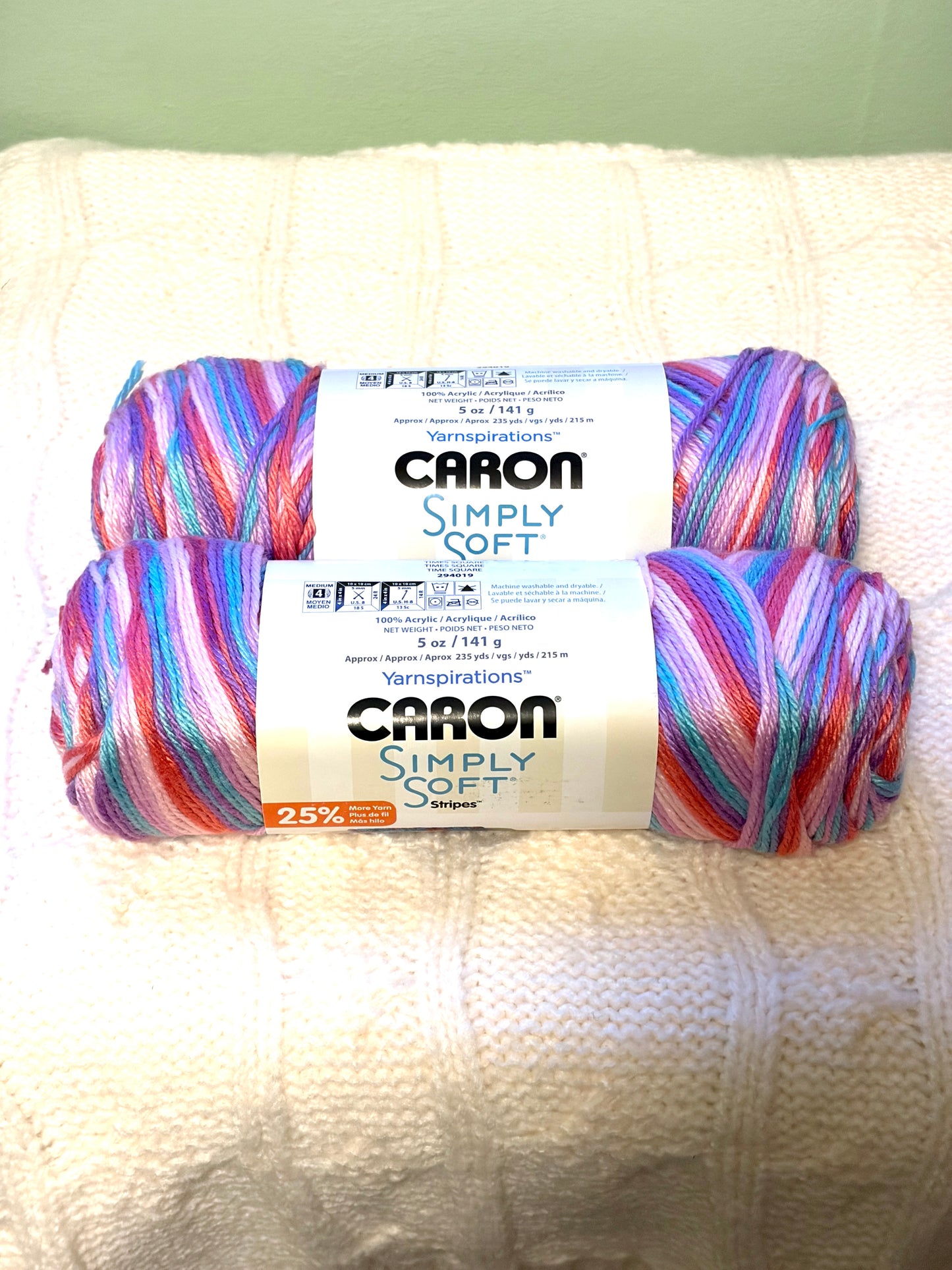 2 Balls x 141g CARON Simply Soft Yarn Stripes : Times Square