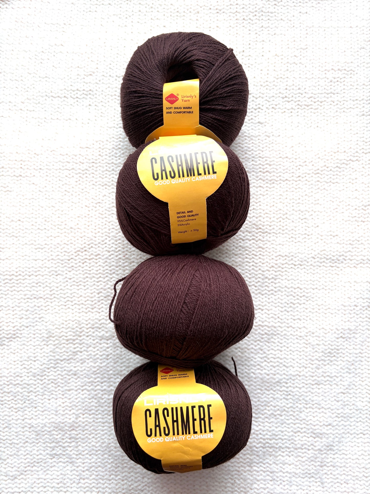 4 balls x 50g Cashmere yarn : 95% Cashmere + 5% Acrylic : 38 Walnut Brown