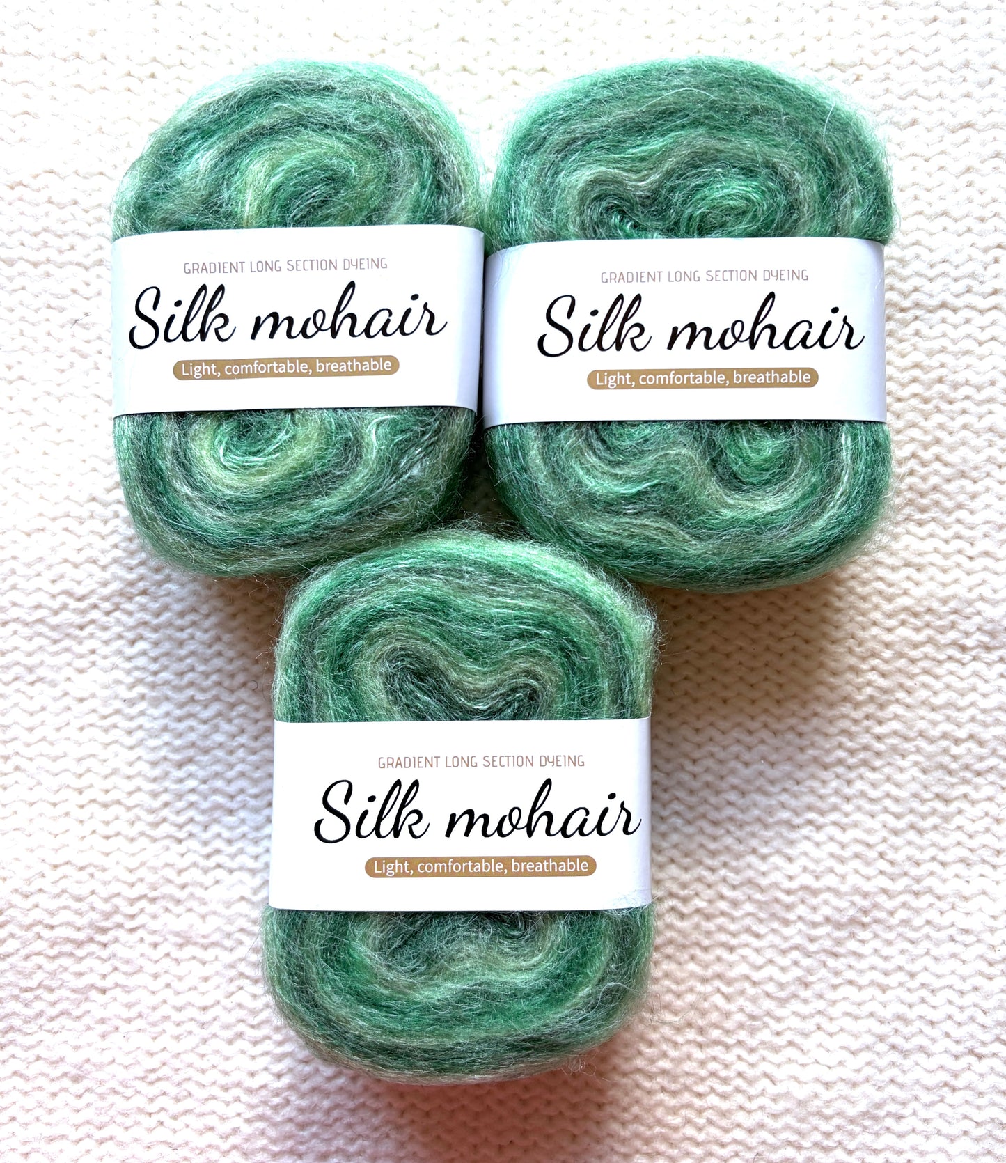 3 cakes x 50g Gradient Mohair Silk Yarn : Mohair + Silk+ Polyester : 05 Green