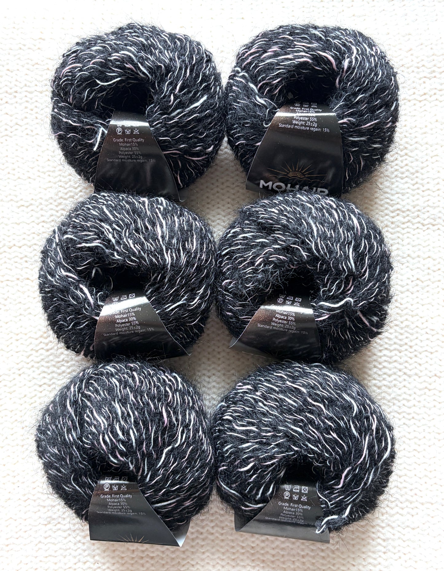 6 balls x 25g Alpaca Mohair yarn : Mohair + Alpaca + Polyester : 15 Black