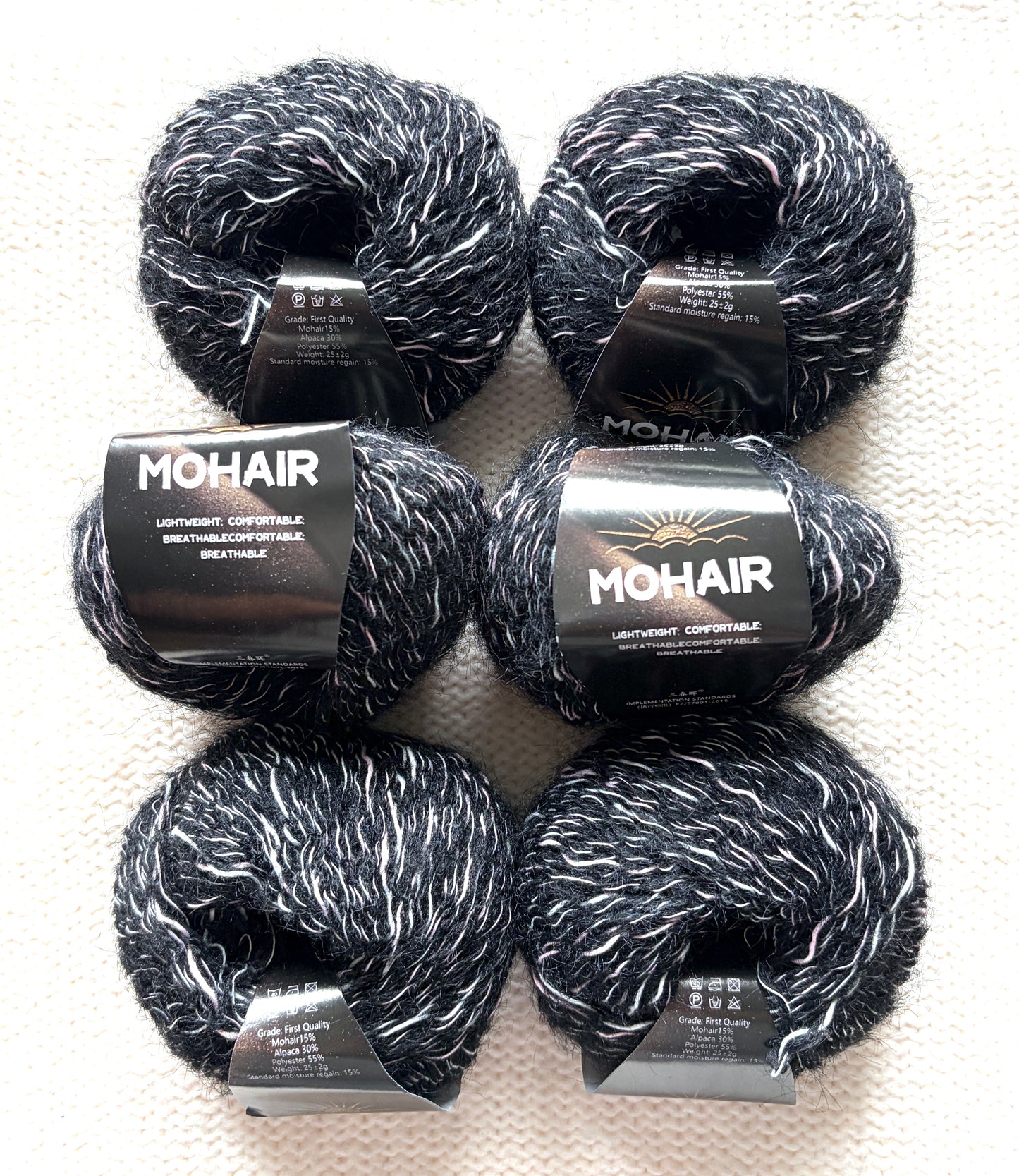 6 balls x 25g Alpaca Mohair yarn : Mohair + Alpaca + Polyester : 15 Black