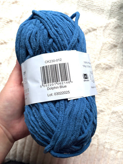 2 balls x 100g Hello Love Chenille Yarn Super Bulky Polyester - Dolphin Blue
