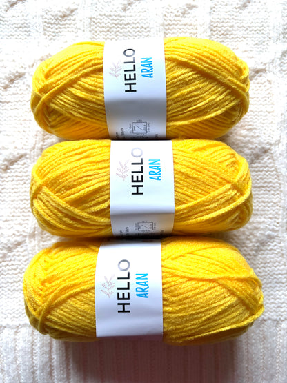 3 balls x 75g Hello Aran Yarn 100% Acrylic - Bright Yellow