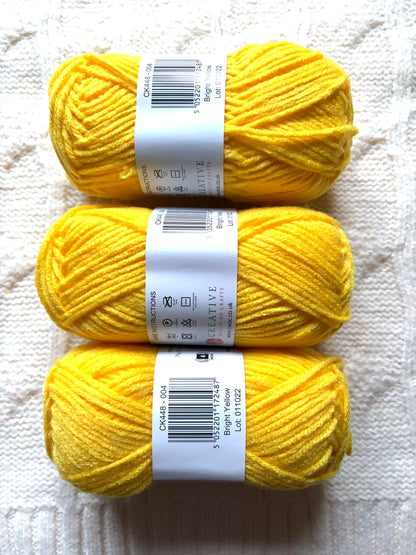3 balls x 75g Hello Aran Yarn 100% Acrylic - Bright Yellow