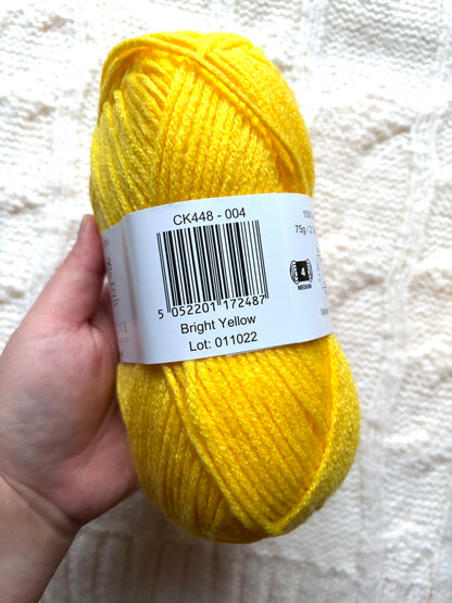3 balls x 75g Hello Aran Yarn 100% Acrylic - Bright Yellow