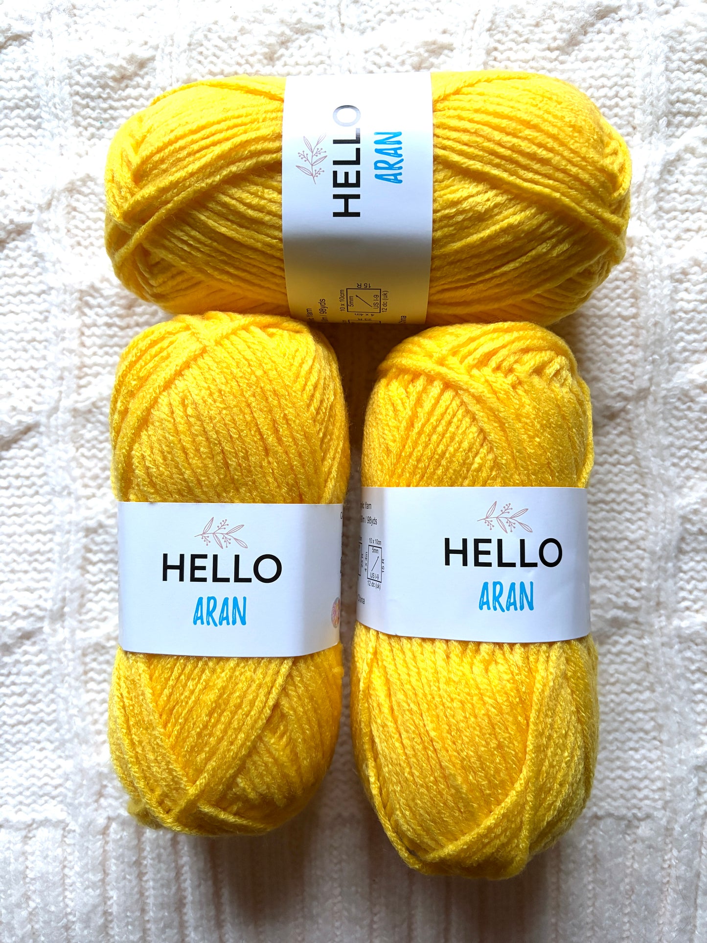 3 balls x 75g Hello Aran Yarn 100% Acrylic - Bright Yellow