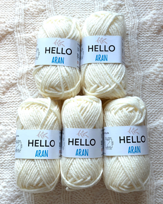 5 balls x 30g Hello Aran Yarn 100% Acrylic - White
