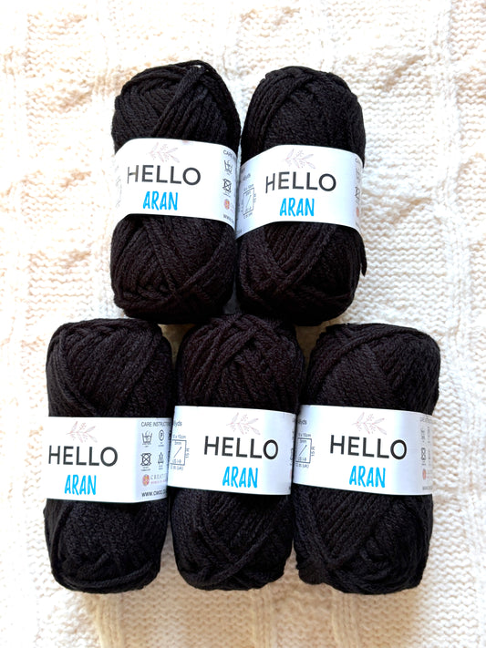 5 balls x 30g Hello Aran Yarn 100% Acrylic - Black