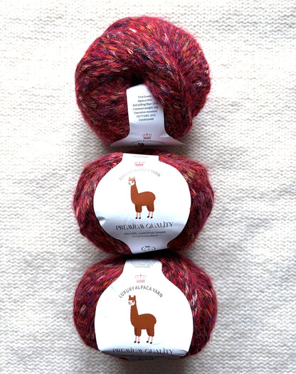 3 balls x 50g Alpaca yarn : 90% Alpaca + 10% Anti Pilling Fiber : 12 Cherry Red