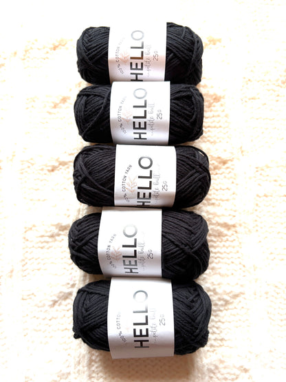 5 balls x 25g Hello Cotton Yarn 100% Cotton - 160 Black Coal