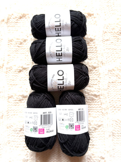 5 balls x 25g Hello Cotton Yarn 100% Cotton - 160 Black Coal