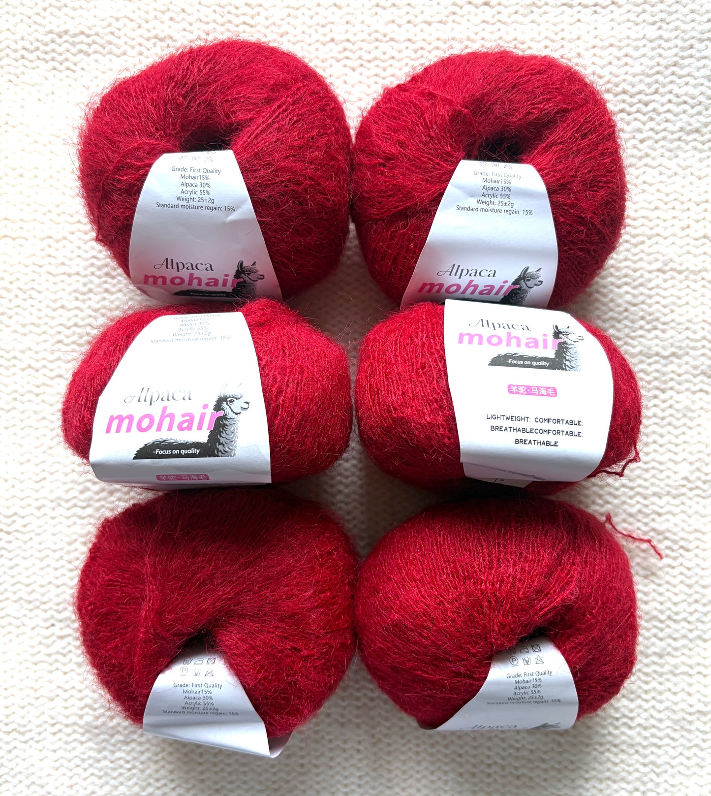 6 balls x 25g Alpaca Mohair yarn : Mohair + Alpaca + Acrylic : 22 Bright Red