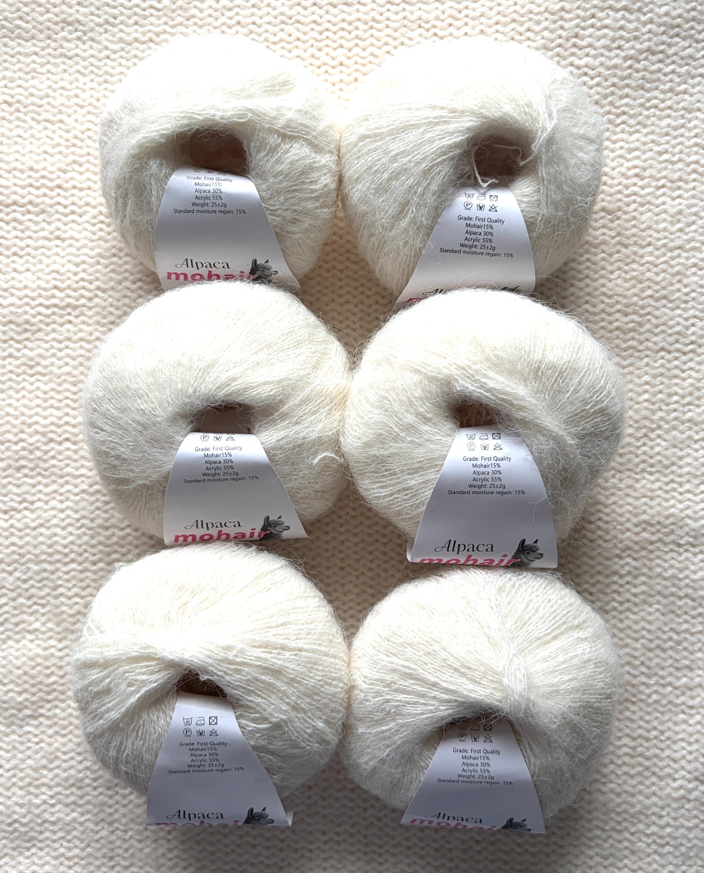 6 balls x 25g Alpaca Mohair yarn : Mohair + Alpaca + Acrylic : 02 Off White
