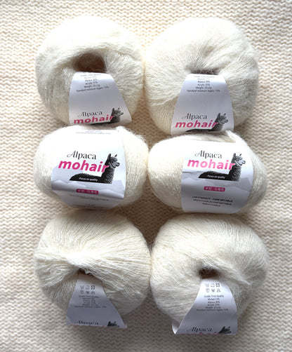 6 balls x 25g Alpaca Mohair yarn : Mohair + Alpaca + Acrylic : 02 Off White