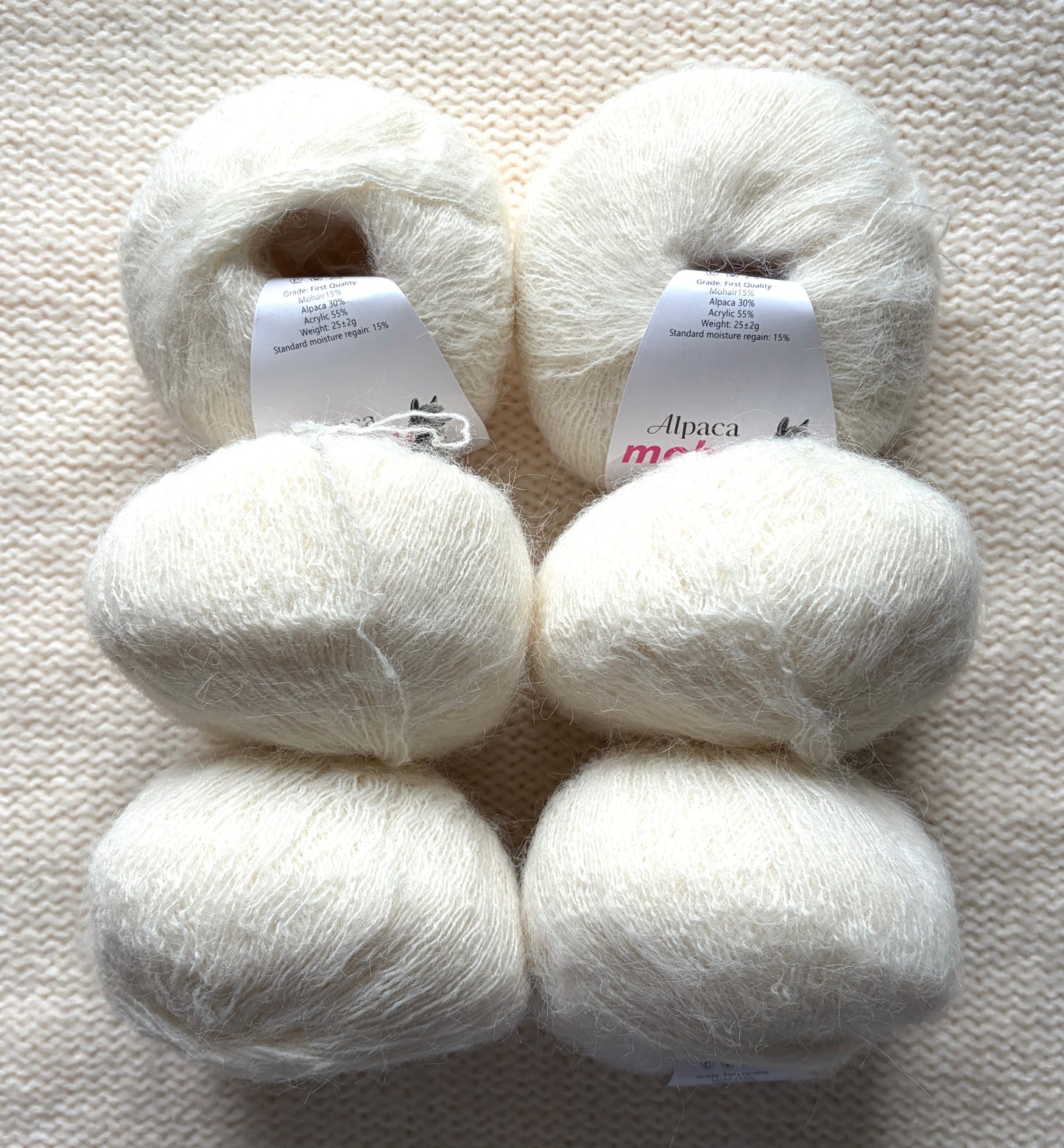 6 balls x 25g Alpaca Mohair yarn : Mohair + Alpaca + Acrylic : 02 Off White