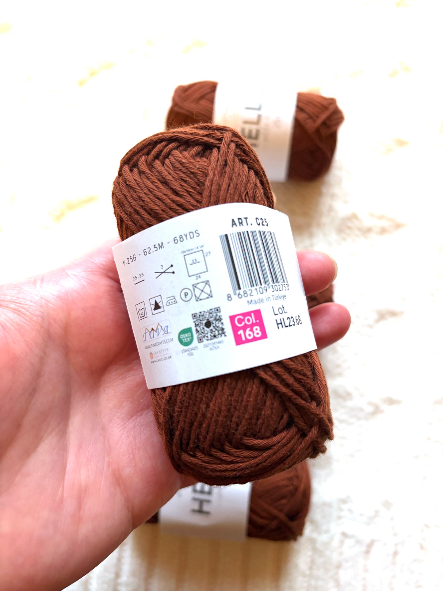 5 balls x 25g Hello Cotton Yarn 100% Cotton - 168 Walnut