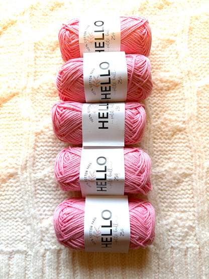 5 balls x 25g Hello Cotton Yarn 100% Cotton - 102 Candy Pink